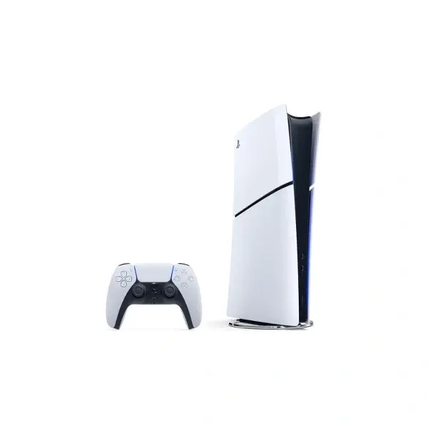 PS5 Slim Digital — Slim Digital form; accessory/stand shown does not establish bundle contents.