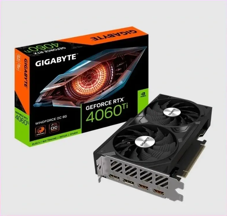 Gigabyte GeForce RTX 4060 Ti WINDFORCE OC 8GB — Correct WINDFORCE OC 8G packaging. Warranty footer and edge border cropped without removing product or box. Original owner file preserved; commercial-use confirmation pending.