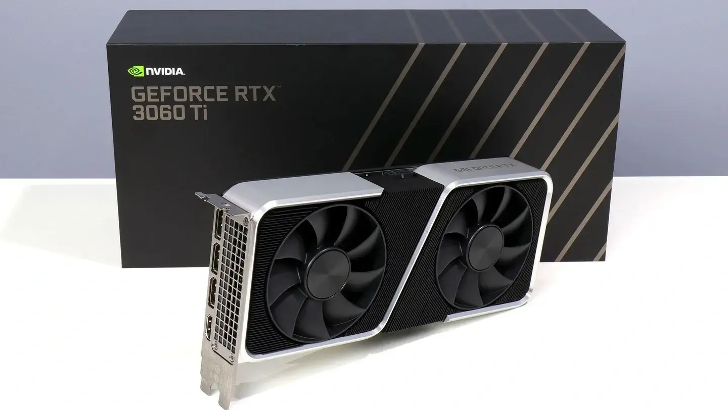 RTX 3060 Ti Founders Edition — Retail box identifies RTX 3060 Ti; Founders Edition cooler.
