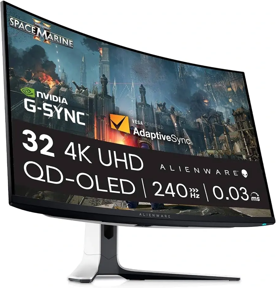 Alienware AW3225QF — Owner-selected AW3225QF; curved 32-inch 4K 240Hz QD-OLED presentation. Promotional screen text remains local-only.