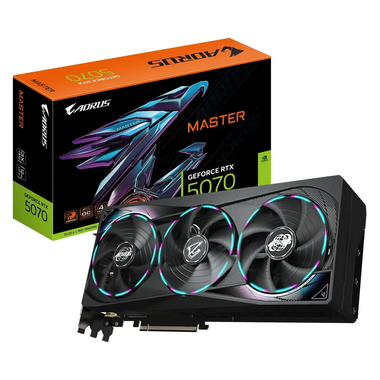 Gigabyte AORUS GeForce RTX 5070 MASTER 12GB — Box identifies AORUS MASTER RTX 5070. Embedded warranty registration marking is not a Ronin Vault promise.