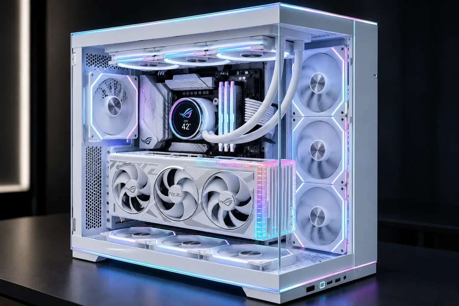 Generated Ronin Apex white visual configuration: panoramic glass showcase PC, white triple-fan graphics card, liquid cooling and cool cyan / violet / pastel lighting; black baseline remains unchanged.