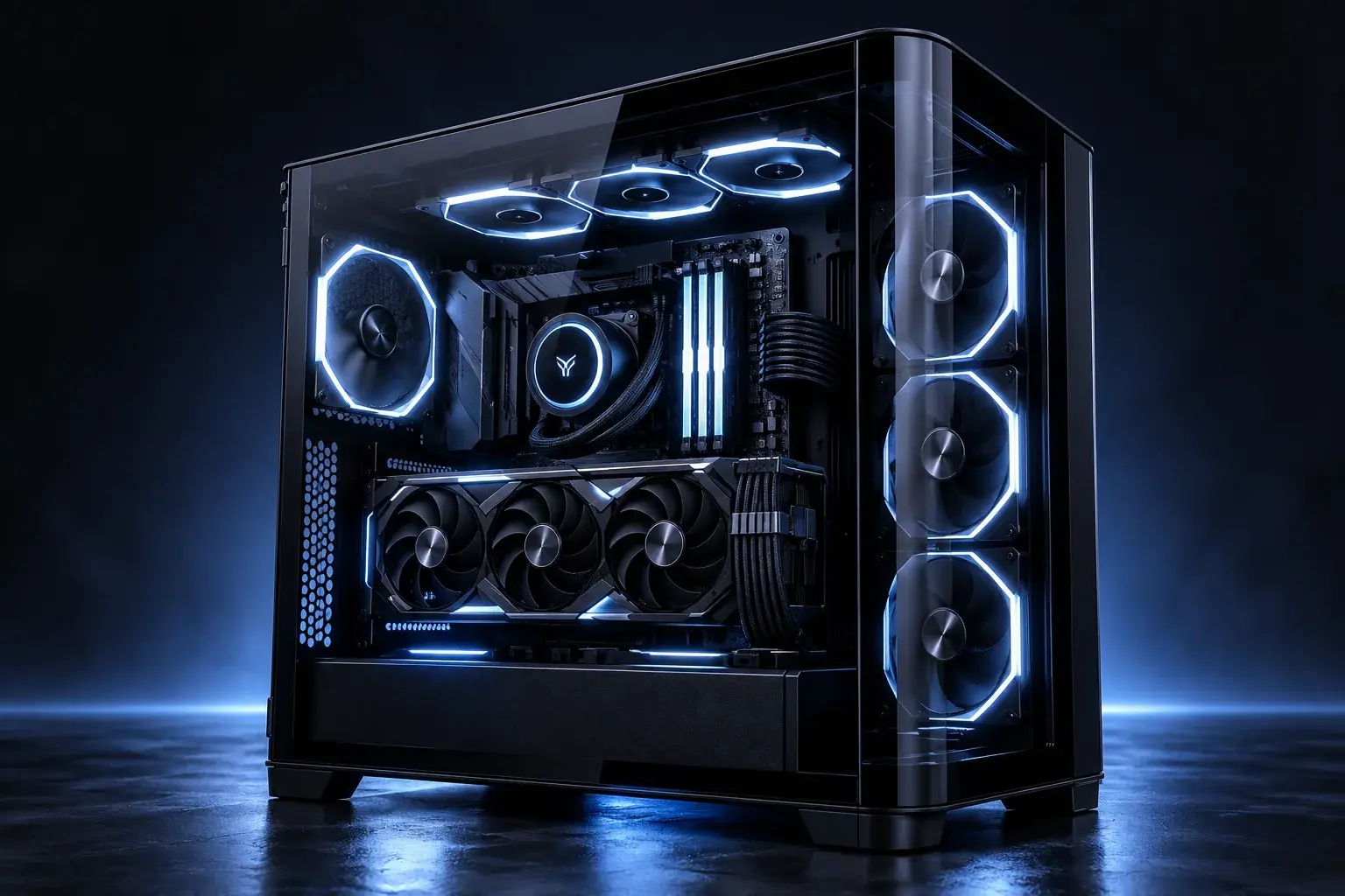 Generated Ronin Balance concept: black glass-sided PC, triple-fan graphics card, liquid cooling and cool white / soft blue lighting.
