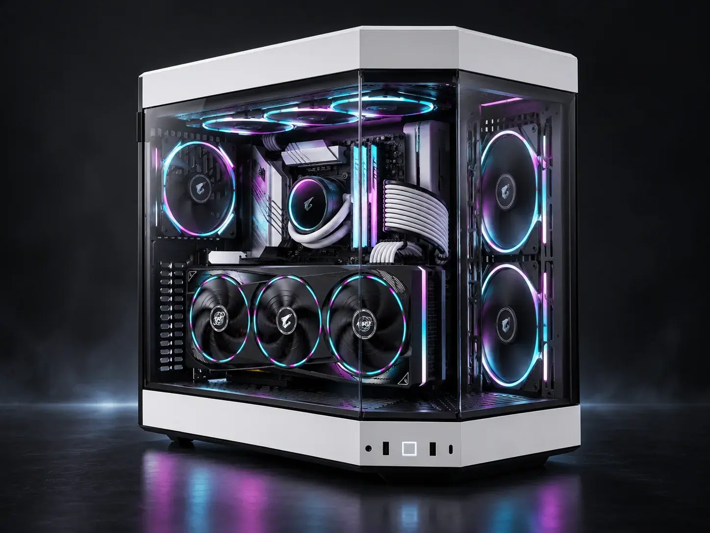 Generated Ronin Forge concept: white panoramic dual-chamber showcase PC, triple-fan graphics card, liquid cooling and cool cyan / magenta / white lighting.