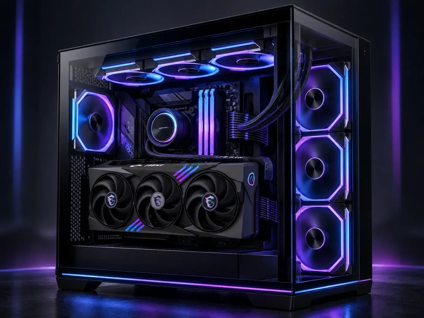 Generated Ronin Horizon concept: black panoramic glass showcase PC, triple-fan graphics card, liquid cooling and cool blue / purple lighting.