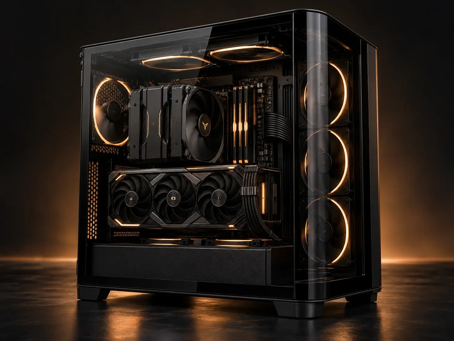 Generated Ronin Origin concept: black glass showcase PC, triple-fan graphics card, tower air cooler and restrained amber lighting.