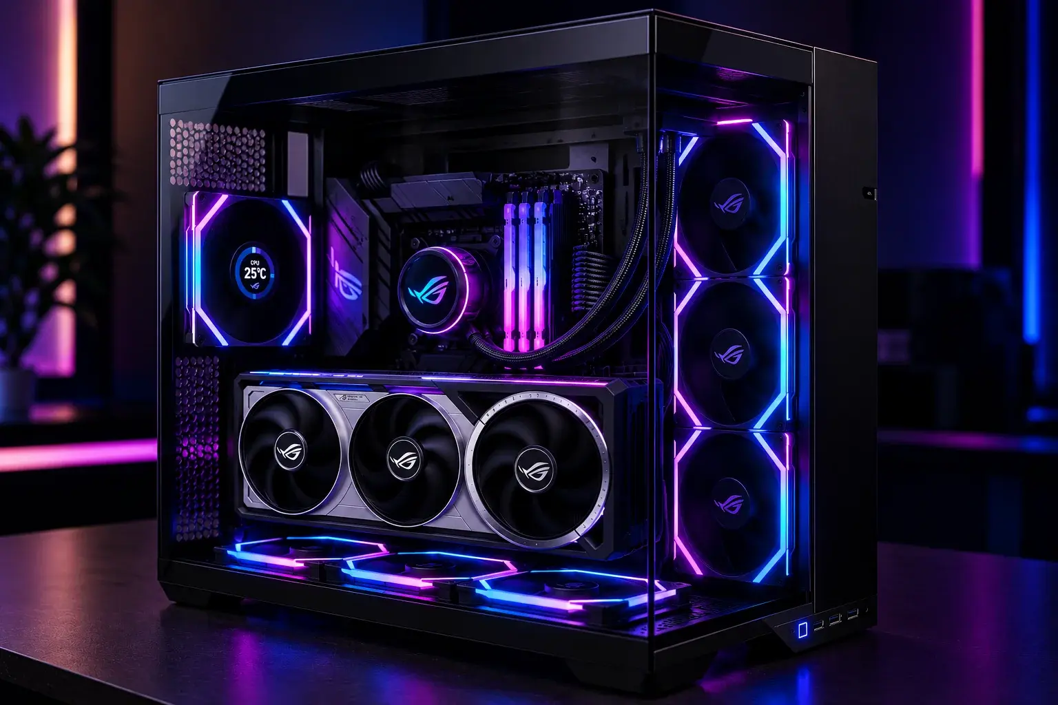 Generated Ronin Sovereign concept: black panoramic glass O11 Vision Compact-style showcase PC, visible triple-fan graphics card and violet / blue / magenta lighting.