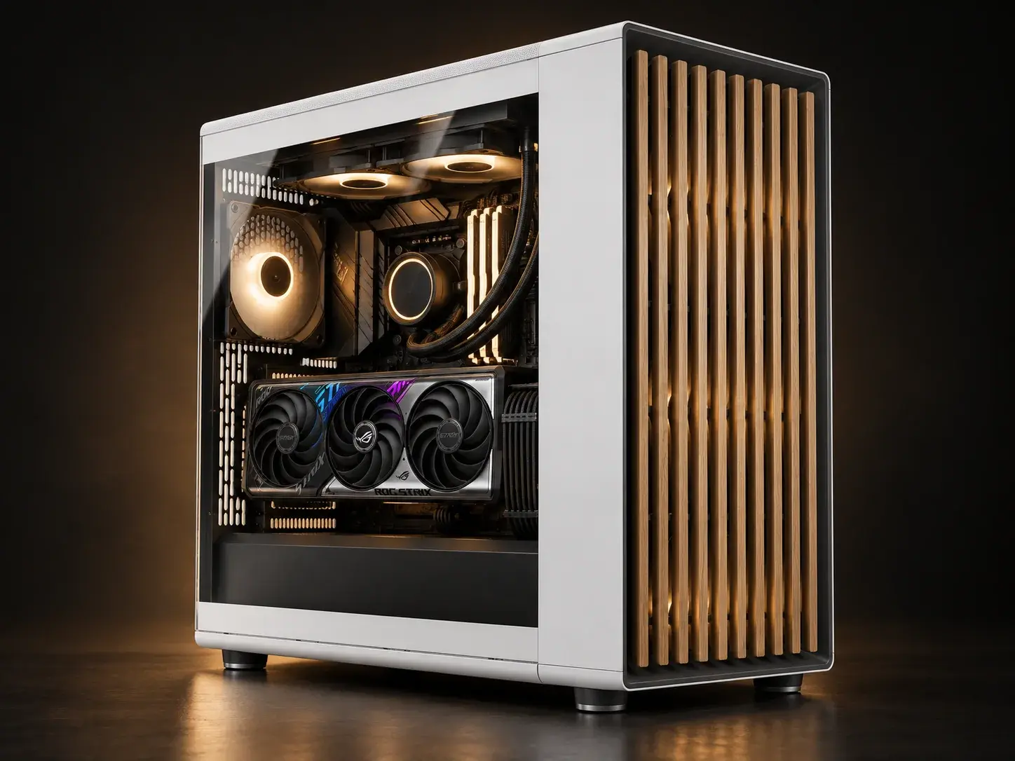 Generated Ronin Strike concept: white wood-front showcase PC, triple-fan graphics card, liquid cooling and restrained warm lighting.